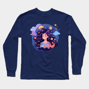 Woman with sweet dreams concept Young girl with galaxy and universe at hairs Long Sleeve T-Shirt